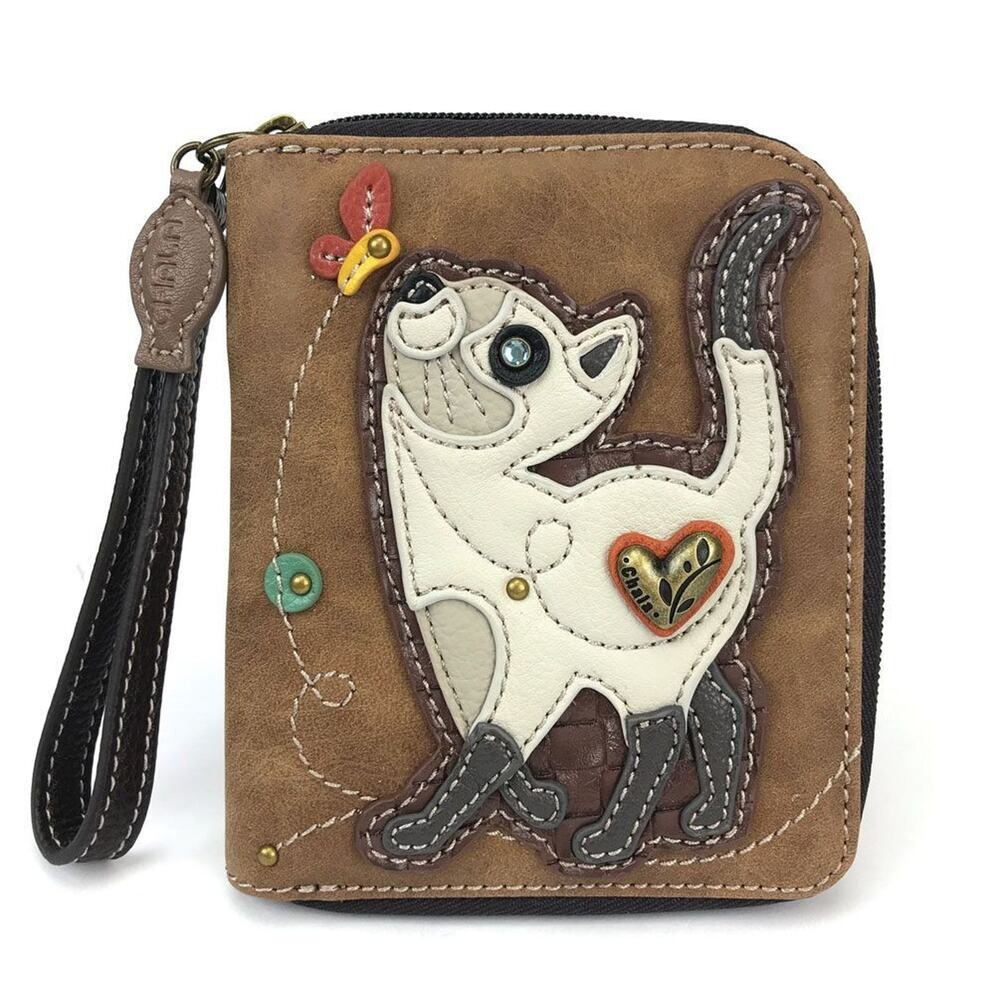 Chala Faux Leather Zip Credit Card Wallet Wristlet - Slim Cat, Brown NWT